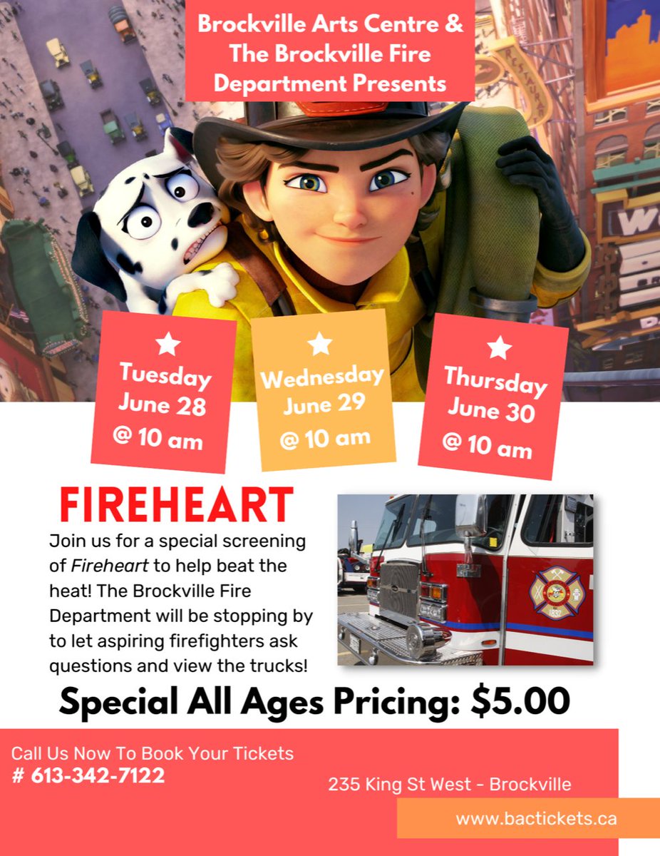BrockvilleFire's tweet photo. Come see us at the Brockville Arts Centre this week for a special screening of Fireheart! @BrockvilleON @BrockvilleTour @brockvillechamb @brockvillenw @knowbrockville @Move1049 @DT_Brockville @yourtvbkville @RecorderTimes @BounceRadio1037 @NateCTV @brockvilleevent @BBBSleedsgren https://t.co/1YYFY4C2Z3