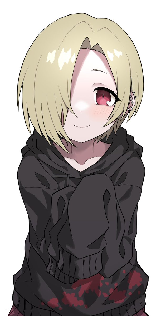 shirasaka koume 1girl solo blonde hair hood smile sleeves past fingers hair over one eye  illustration images