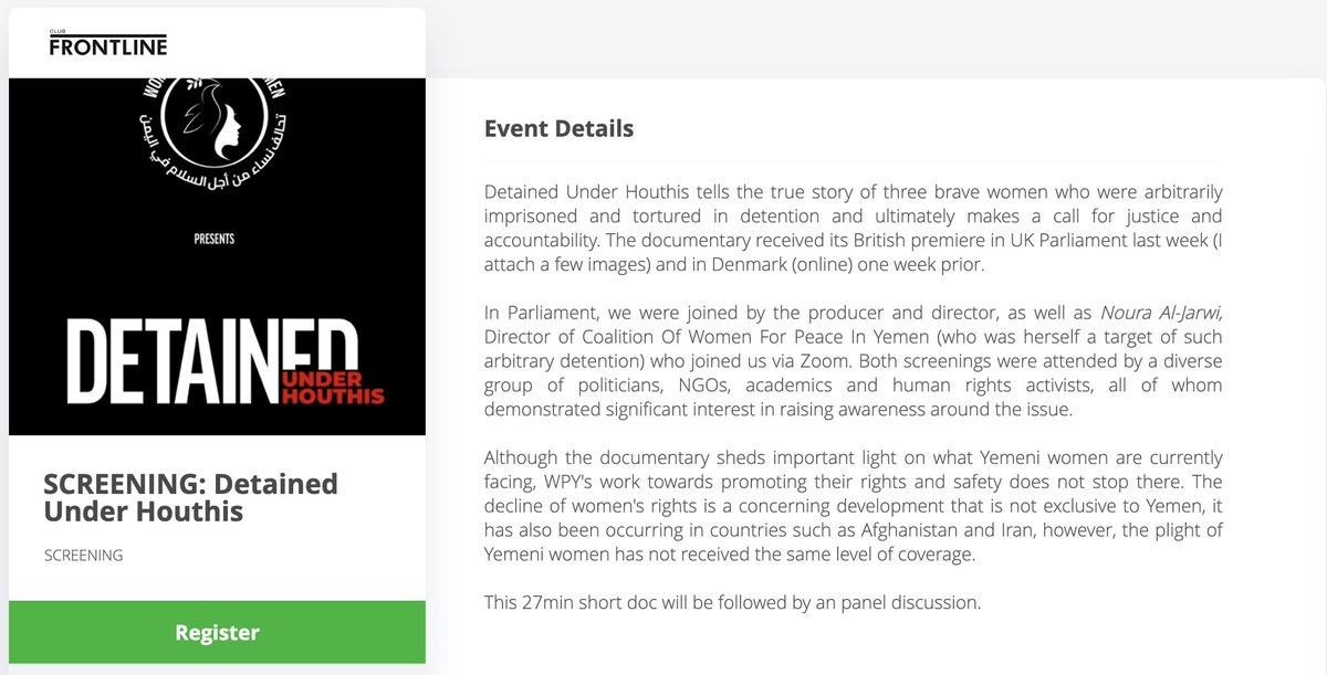 Detained Under Houthis Film is being screened tomorrow Tuesday 28th June <a href="/frontlineclub/">Frontline Club</a> @ 7pm Register free and come watch the film followed by a panel of distinguished guests 
Link to event : frontlineclub.glueup.com/event/screenin…
Panel includes <a href="/MehoMette/">Mette Hoffmann Meyer</a>  <a href="/mabaabbad/">Marwa BaAbbad (مروى)</a> #Yemen