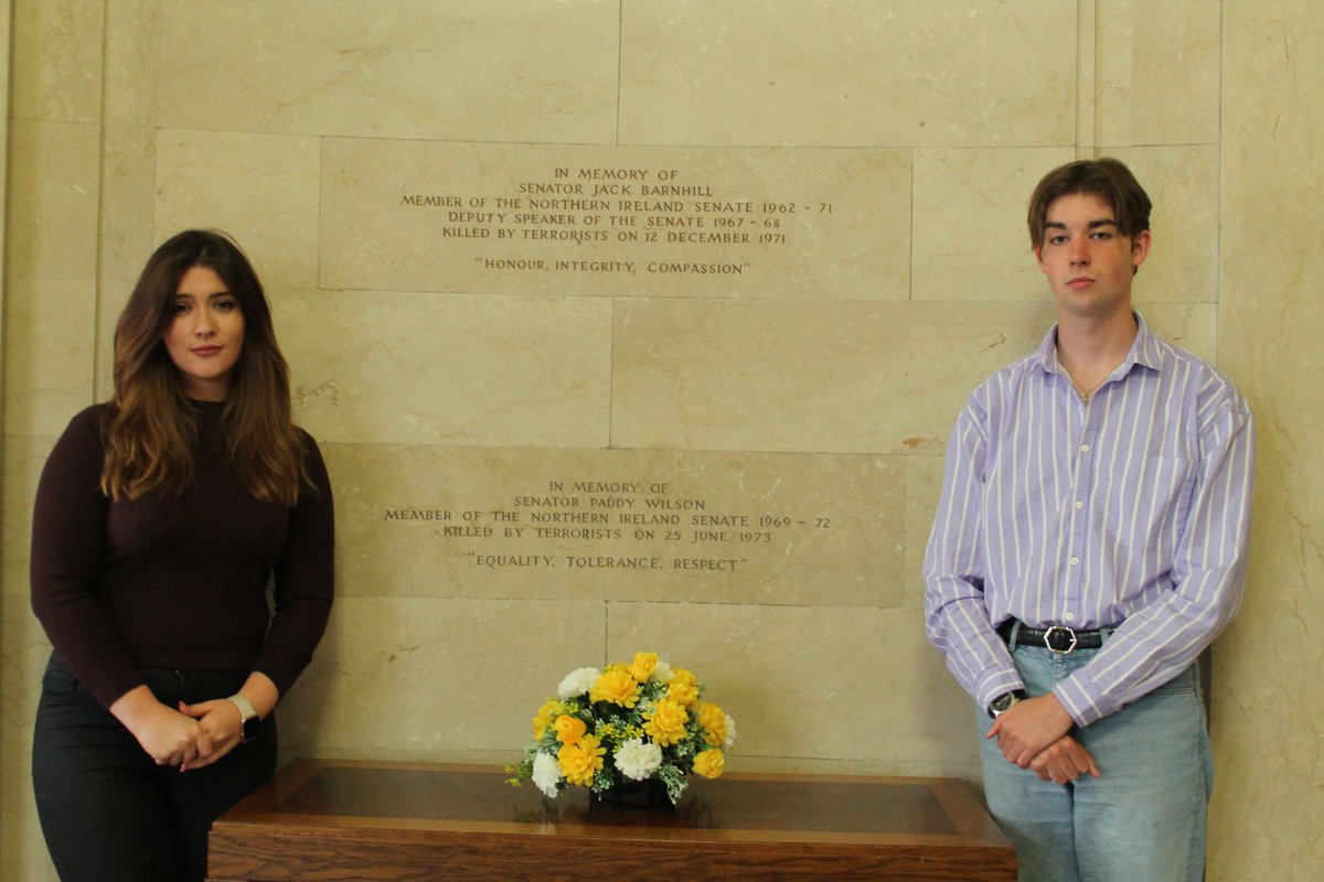 SDLPlive's tweet photo. SDLP MLA @CaraHunterSDLP and @SDLPyouth Chairperson @KarlWDuncan layed flowers at Stormont today to commemorate the anniversary of Senator Paddy Wilson and Irene Andrews, murdered by the UFF in 1973, at the weekend.

The work to unite our communities &amp; end sectarianism continues. https://t.co/ZSHgIbBv1x