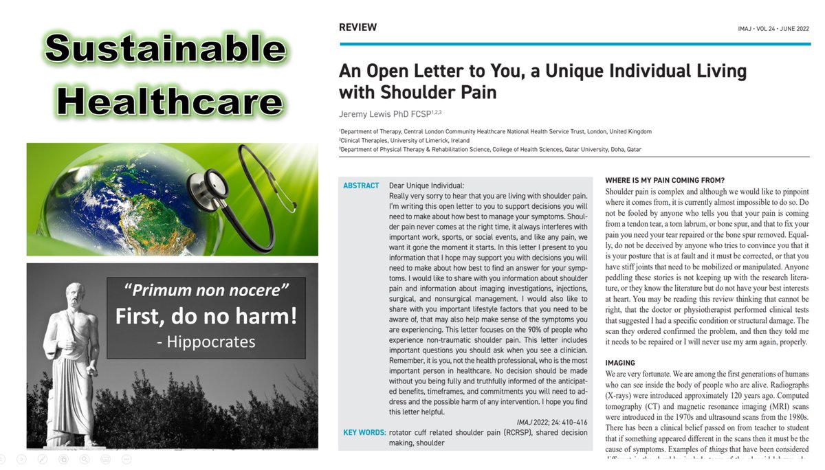 JeremyLewisPT's tweet image. 📢JUST PUBLISHED‼️ 
Earlier this year i participated online with Profs Rachelle Buchbinder &amp;amp; Ian Harris et al in the: PRIMUM NON NOCERE Healthcare Sustainability Conference. My letter to people living with shoulder pain was one contribution 
ima.org.il/MedicineIMAJ/A…
#OpenAccess🔓