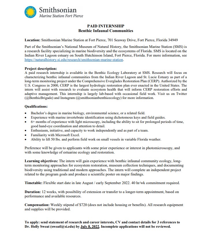 BenthicBrigade's tweet photo. 📢📢 Job Announcement 📢📢
We are hiring a paid intern (Bachelor's level) to assist with our benthic monitoring program. Apply by 7/8! See below for more details and DM if you have questions. https://t.co/XoG29Yzqrk