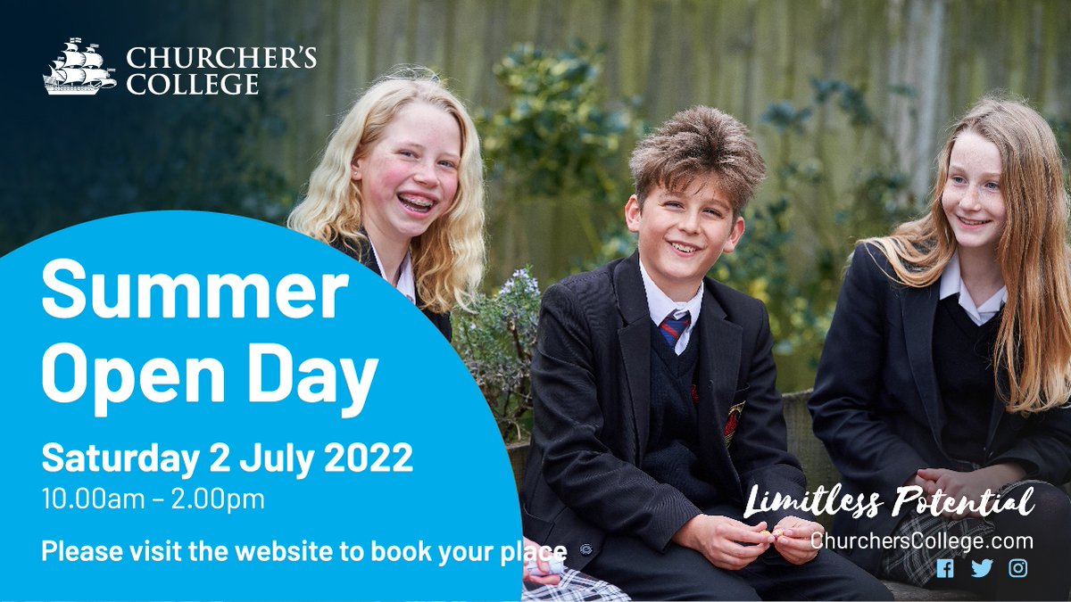 Churchers1722's tweet photo. Have you booked onto our Summer Open Day on Saturday 2 July 2022? 

- Tour our facilities
- Take part in fun activities
- Hear from the Headmaster and chat to Admissions staff
- Enjoy tasty food and drink

Book here: https://t.co/KWmBMOWtff

#ChurchersLimitlessPotential https://t.co/k1DSOUzErs
