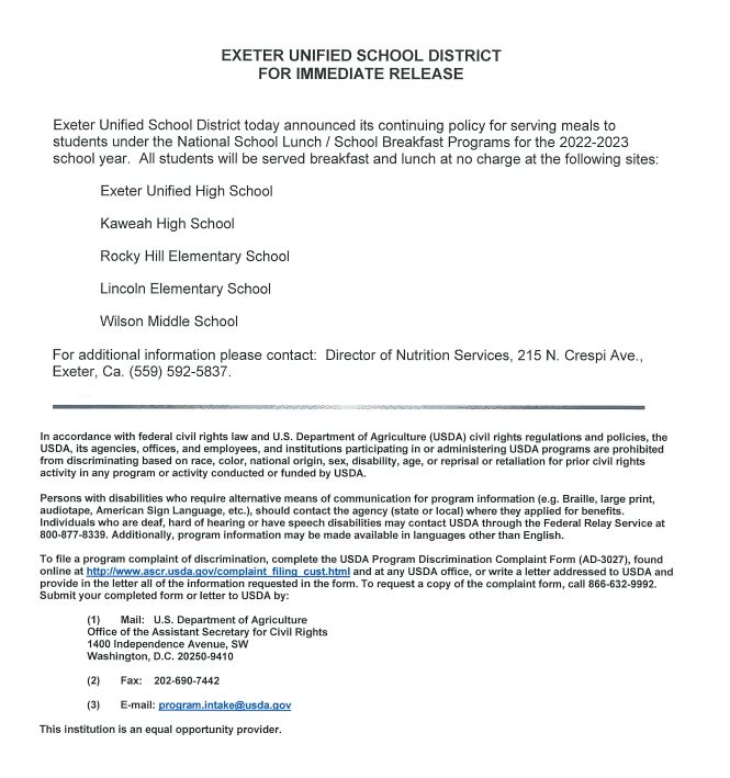 EUSD today announced its continuing policy for serving meals to students under the National School Lunch/School Breakfast Programs for the 2022-23 school year.