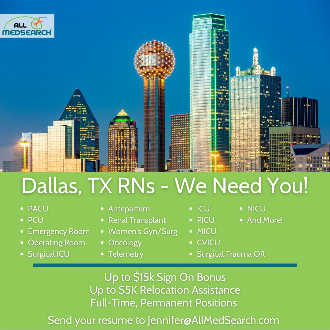 AllMedSearch's tweet photo. Now hiring RNs in Dallas, TX! Most shifts and specialties available!
Send your resume to Jennifer@AllMedSearch.com to apply today!
#healthcareprofessionals #healthcarejobs #hospitaljob #rnchat #rnbvibes #rnlife #nursesofinstagram #nursesofig #healthcareprovider https://t.co/Tr6Twxy3Sb