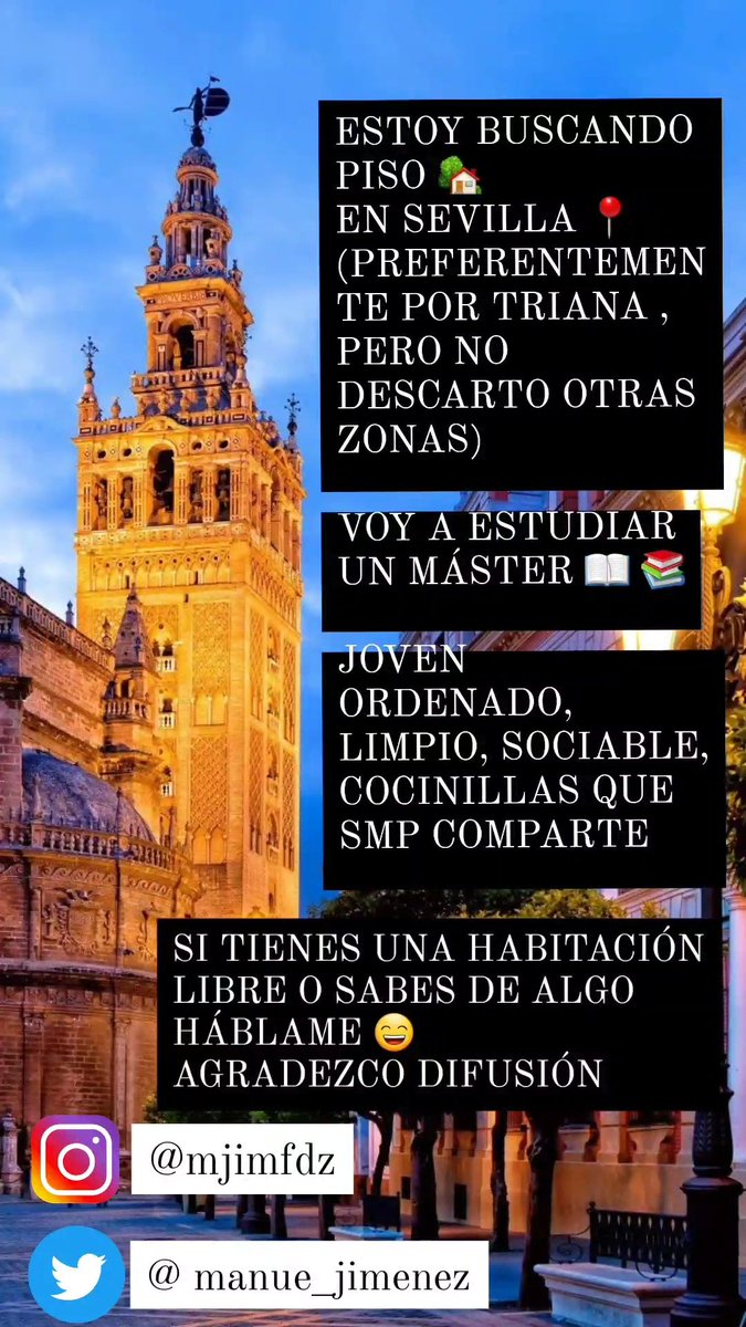 manue_jimenez's tweet photo. 🏡BUSCO HABITACIÓN EN SEVILLA (Triana)📍🌉

Voy a hacer un máster en el curso 22/23

Soy una persona ordenada, limpia, sociable y muy cocinillas (smp hago de más para compartir 😉)

Si tienes una habitación libre o buscas a alguien para compartir piso 📩md

Agradezco difusión https://t.co/yOiUMwrZd0