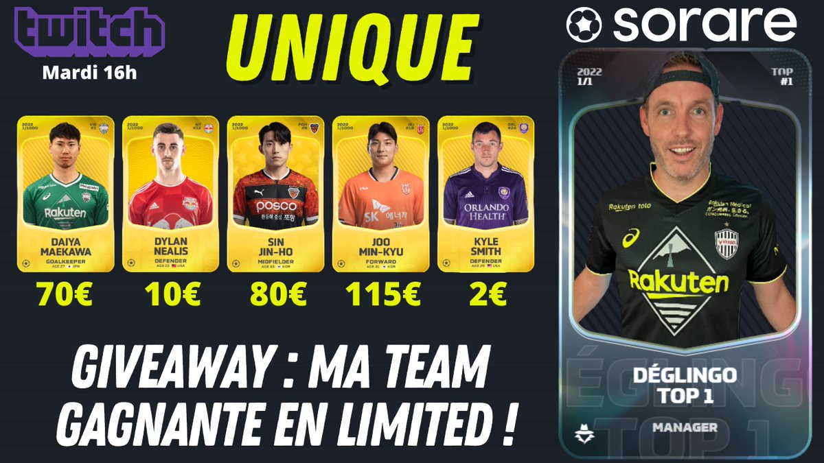 Yosh ! Je vous donne RDV mardi 16h pour un live du futur avec l'ouverture de ma 1ère carte UNIQUE @sorare ! 
Je vous ferais gagner 5 Giveaway de l'équipe qui m'aura emmener vers les étoiles ! 

1 RT
2 S'abonner <a href="/DeglingoMPG/">Deglingo SORARE</a> 
3 Etre présent en live twitch.tv/deglingo_mpg #sorare
