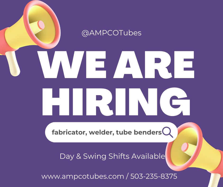ampcotubes's tweet photo. Open positions for swing &amp; day shifts: *Fabricator, *Tube Bender, *Welder. Apply at https://t.co/MK8dPg0v4S or submit your resume to employment@ampcotubes.com.
 🔗in bio. #hiring #nowhiring #ampcotubes #mandrelbentperfection #pdx #portland #mfg  #tubebending https://t.co/jDPckB8pQE