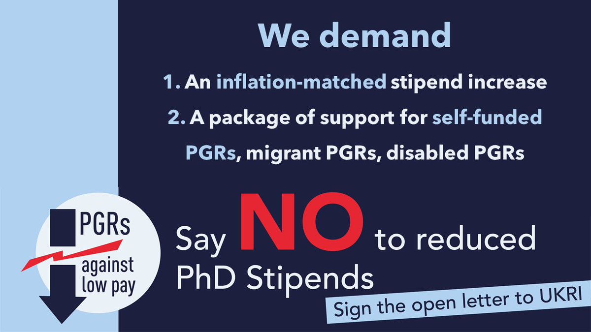 PGRs at universities across the UK are demanding the support they urgently need.

🔥 An end to low pay
🔥 Stipends that keep up with inflation
🔥 Extra support for those who need it, including self funded, disabled &amp; migrant PGRs 

Sign the letter NOW 👇✍
docs.google.com/forms/d/e/1FAI…