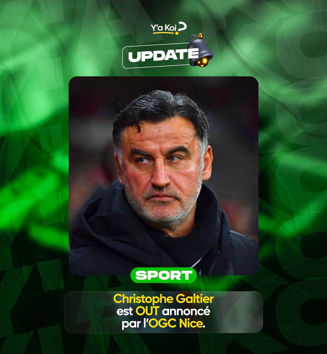 yakoimedia's tweet photo. 🔄[UPDATE SPORT🏆]

C’est acté !
L’OGC Nice annonce le départ de Christophe Galtier ! 👋🇫🇷

| Y’a Koi?😎 | Tout c’ki bouge🔭 | Ton média https://t.co/euwRU5gy1q