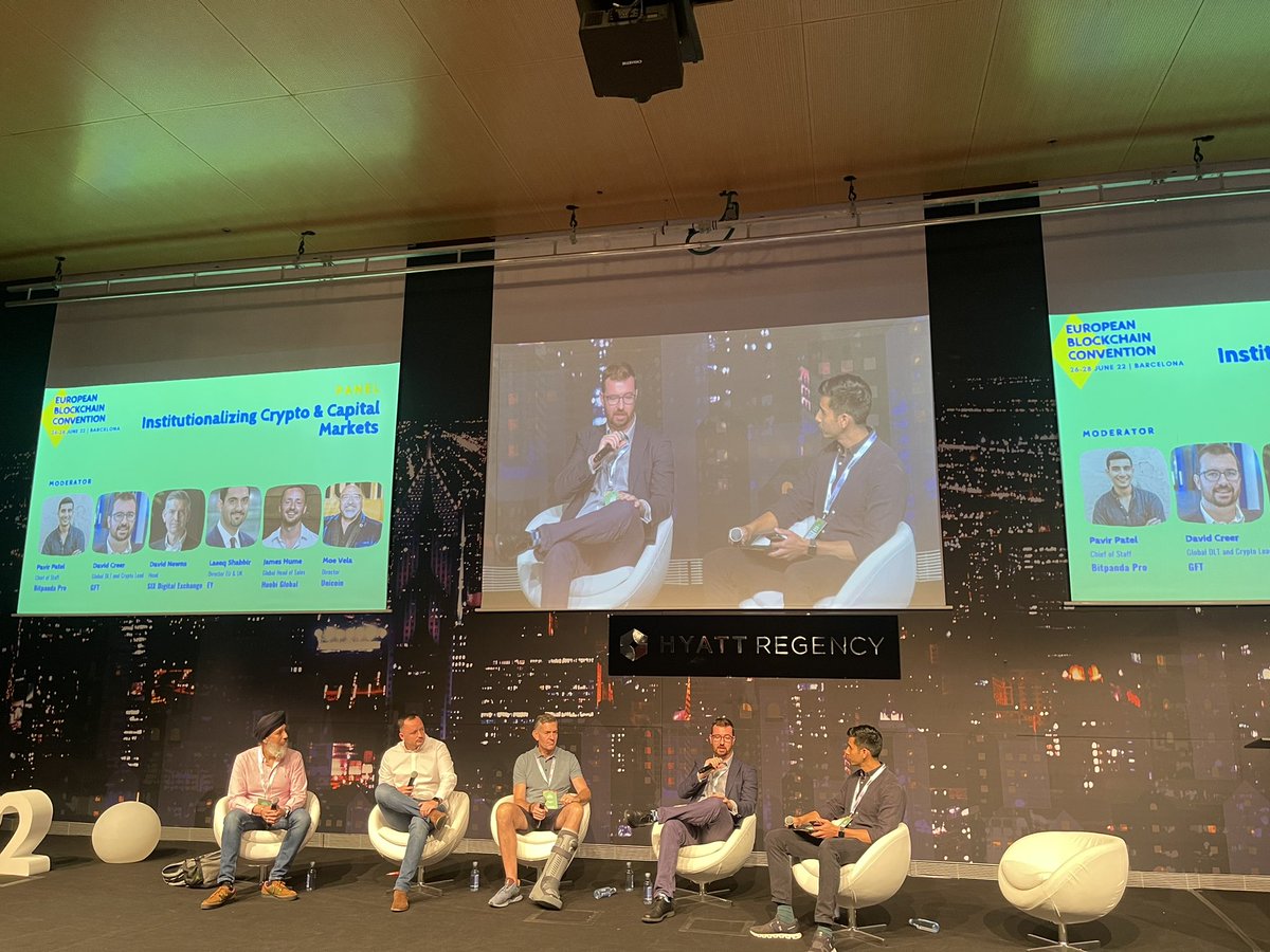 Live now at the main stage - debate on instutionalizing crypto &amp; capital markets with @BitpandaPro, <a href="/gft_es/">GFT Technologies España</a>, <a href="/SDX_global/">SDX_global</a>,<a href="/EYnews/">EY</a>, <a href="/HuobiGlobal/">火币HTX</a> #EBC22🦄