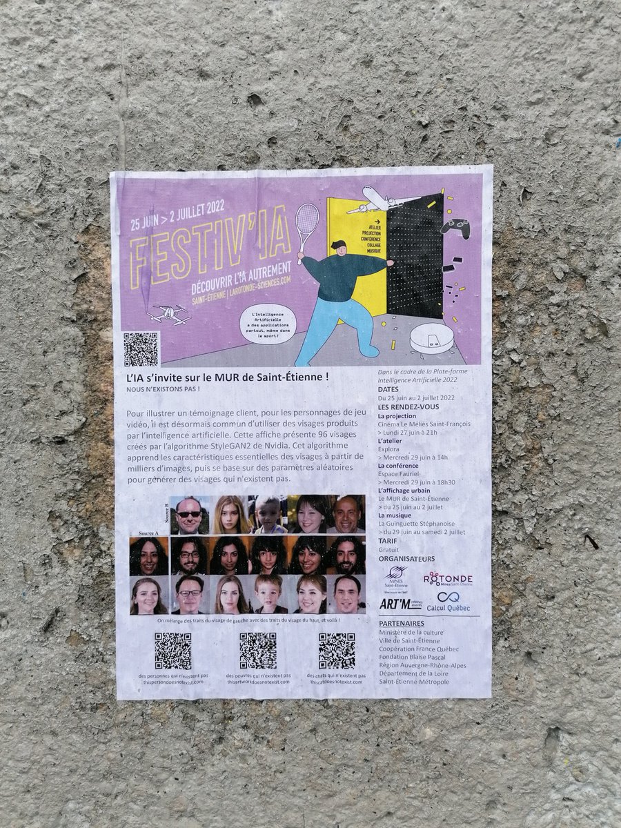 fbreuil's tweet photo. Pendant toute la semaine de la Plateforme de l’Intelligence Artificielle #PFIA2022 "le-mur-st-etienne" affiche une œuvre entièrement créée par l'#IntelligenceArtificielle.
Nous n'existons pas !!! 
Et pourtant tous ces visages sont plus vrais que nature... https://t.co/GWcWamnn3z