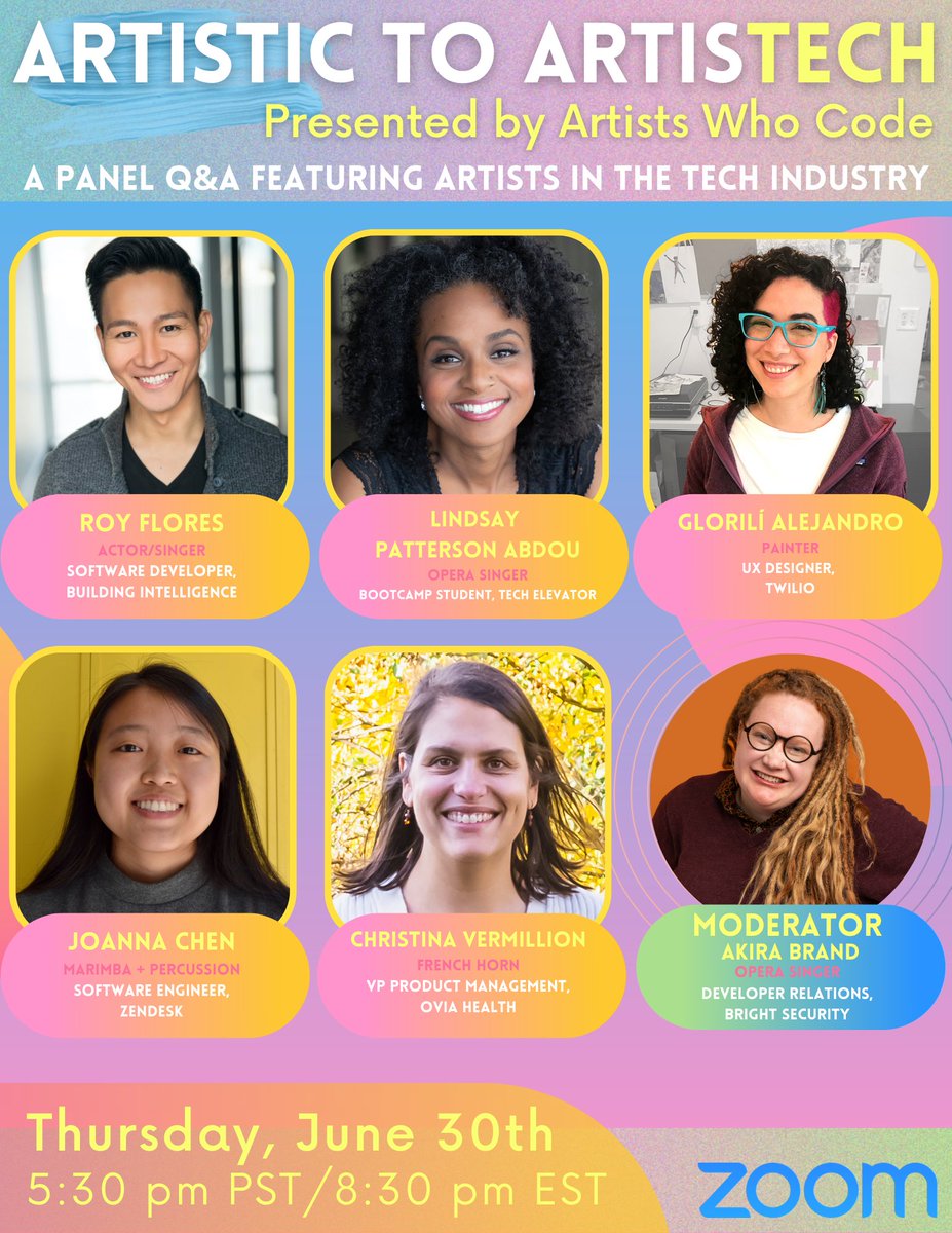 artistswhocode's tweet photo. Join us ⭐ this Thursday ⭐ for our virtual panel event!

Hosted by DevRel/Opera Singer pro @theakirati, we will hear about our panelists' challenges, choices, and strategies throughout their career journeys from Artistic to ArtisTECH! 

Register now: https://t.co/RVgiVFztV8 https://t.co/ro1O4MUJQE