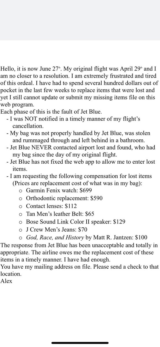 AlexWinkfield's tweet photo. Totally had it with @JetBlue. Two months after they mishandled my luggage, let it get stolen and items taken they can’t even get their own system to work and allow me to enter missing items. @JetBlueCheeps https://t.co/LGkXjyvejf