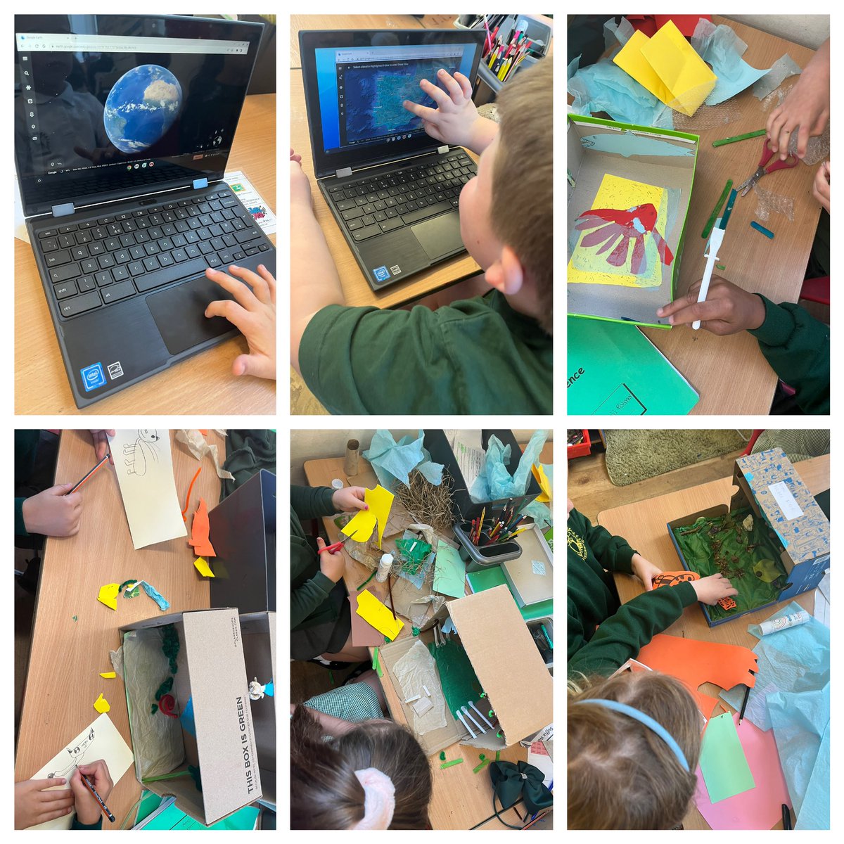On Friday we loved looking on Google Earth and exploring different places! In science we have been learning about different habitats. We have been creating habitat boxes and are excited to show you them during the open evening on 7th July! 😀🐳🐍🦋🐵🐭🌿🪵