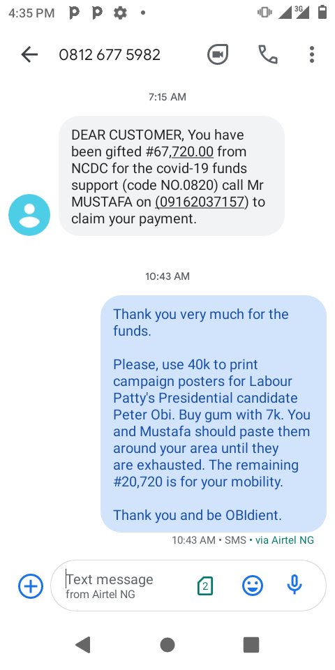 Hello OBIdient citizens, a fellow wanted to "dash" me N67,720.

Read the screenshot to see what I asked him to do instead. 

We love <a href="/NgLabour/">LabourPartyNG</a> we love <a href="/PeterObi/">Peter Obi</a>.

Rinu Arsenal Fulani Peter Obi #30thOfJune Onnoghen Presidential Villa Room 419 Bobo Chicago Kroenke #Ebeano