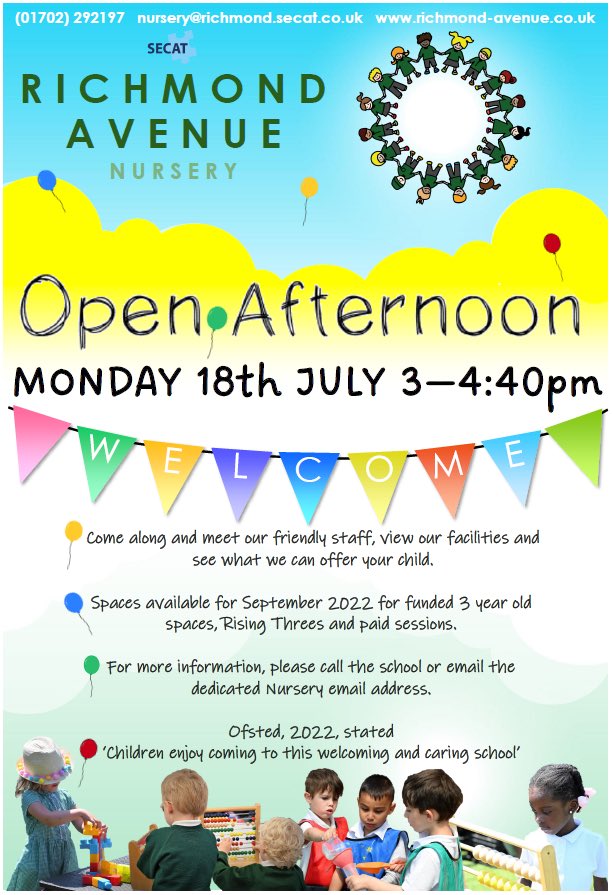 RichmondPri's tweet photo. Looking for a Nursery space for September? Come to our open afternoon @RichmondPri @S_E_C_A_T #nursery #shoeburyness #openafternoon https://t.co/r7dMfyPGQD