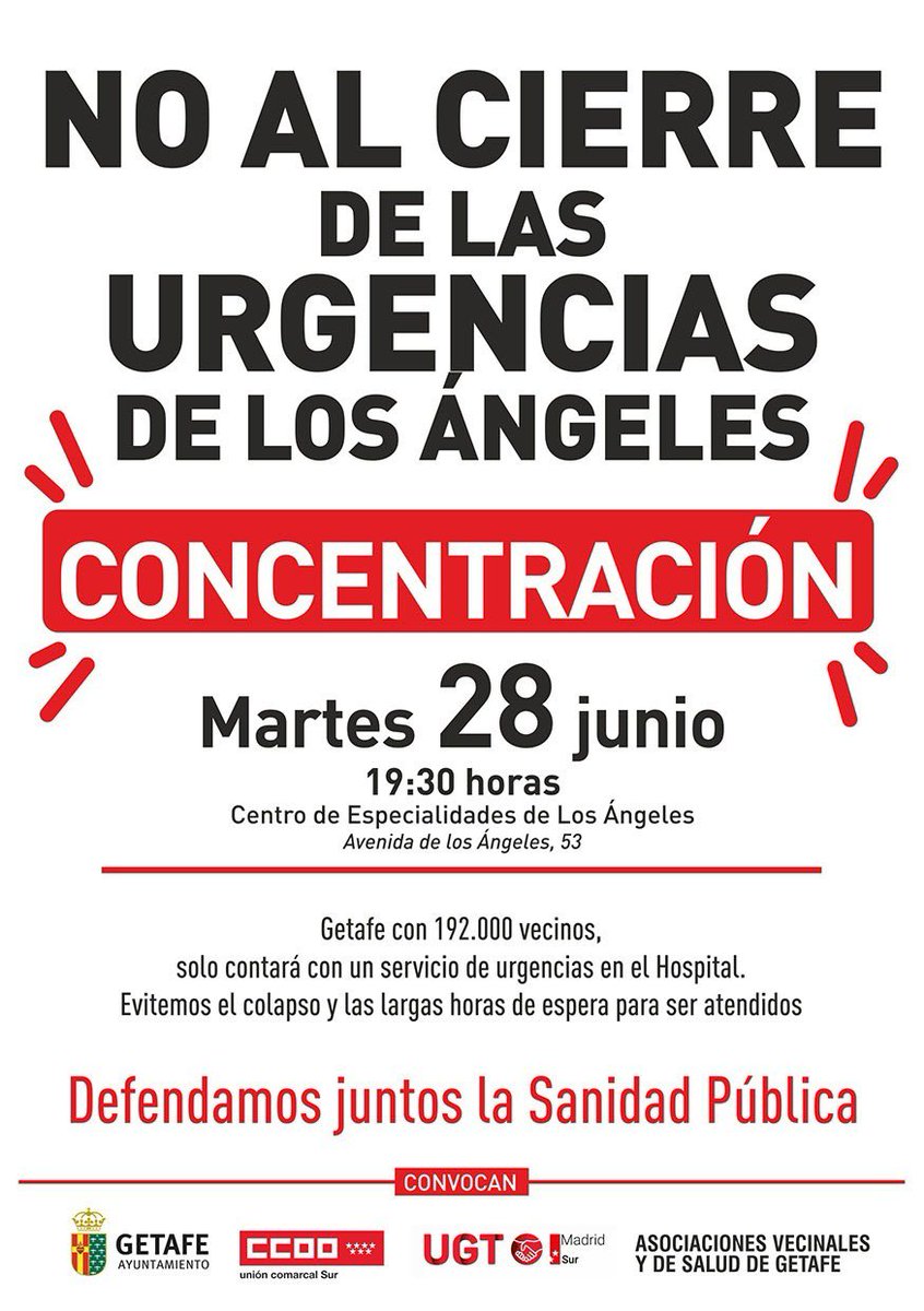 Nuestra sanidad pública necesita la movilización de los barrios. Mañana, 28 de junio, nos concentramos en #Getafe para exigir la reapertura de las urgencias de ambulatorio Los Ángeles. ¡No podemos faltar!