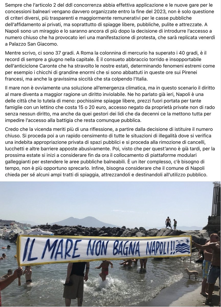 Il numero chiuso non è la soluzione, cerchiamo soluzioni condivise per assicurare ai napoletani il diritto alla balneazione