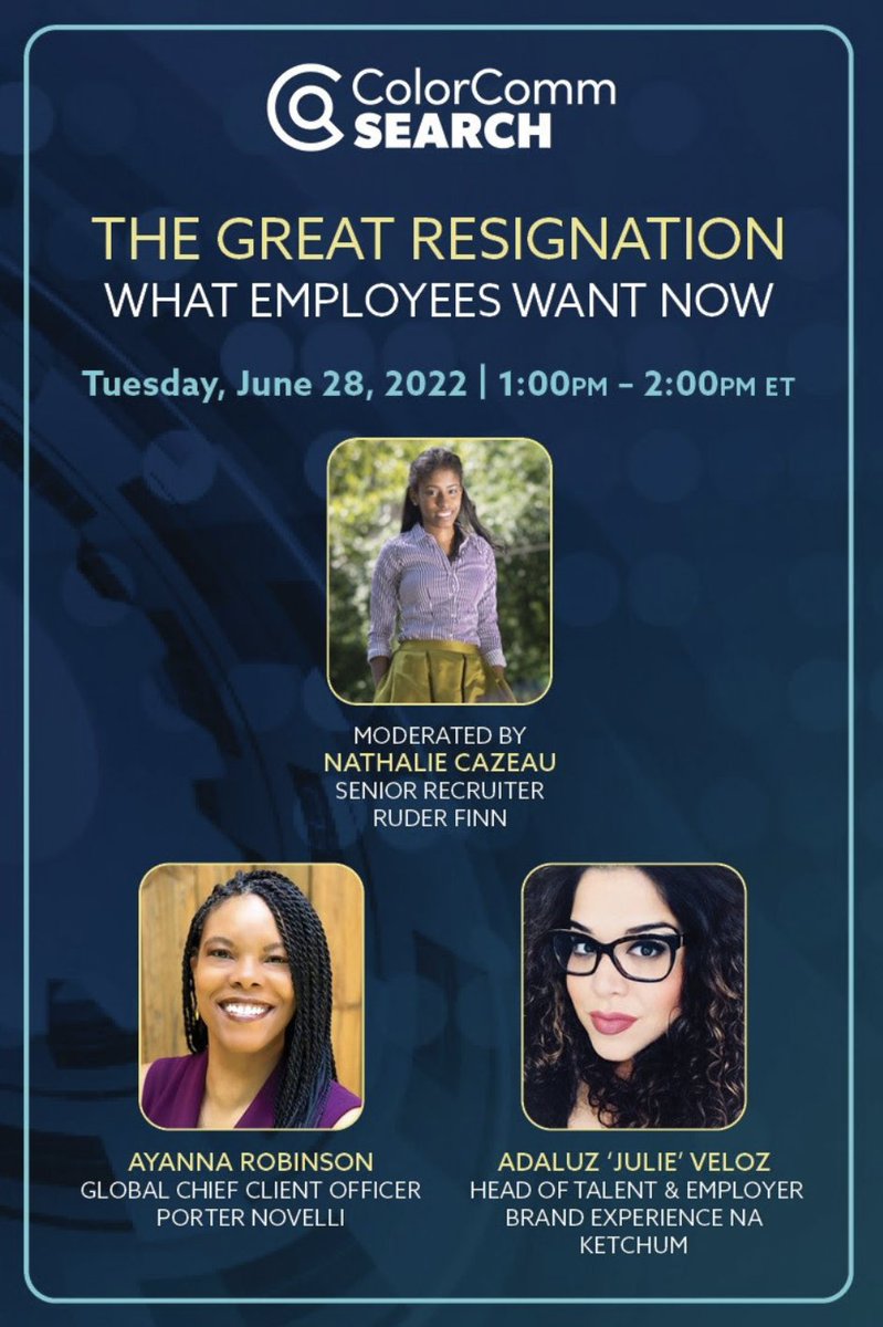 ColorCommntwk's tweet image. Join us tomorrow, Tuesday, June 28 from 1 - 2 PM EST, to listen in to the conversation about 'The Great Resignation: What Employees Want Now,' with some amazing speakers! 

RSVP HERE: eventbrite.com/e/colorcomm-se…

@melonie_parker @julieveloz @arob724 Nathalie Cazeau