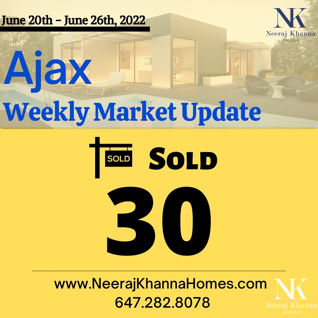 Here is the weekly market update for the Town of AJAX for the last week!!

Please feel free to reach out to us, if you have any questions.

#neerajkhannahomes #ajaxneighbourhood #ajaxweekly #ajaxweeklymarketupdate #ajxontario #realtor #ajaxrealtor