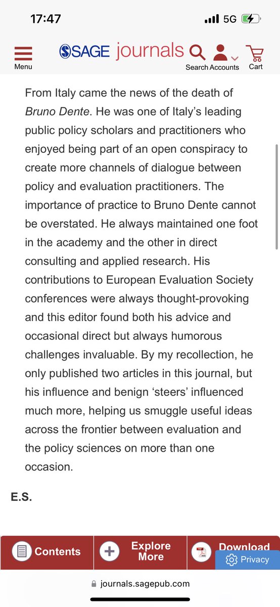 Many thanks to <a href="/ElliotStern4/">Elliot Stern</a> for this memory of Bruno Dente, published in #Evaluation. It reminds me of a nice lunch together, just a couple of years ago in Milan, full of thoughts and laughter.