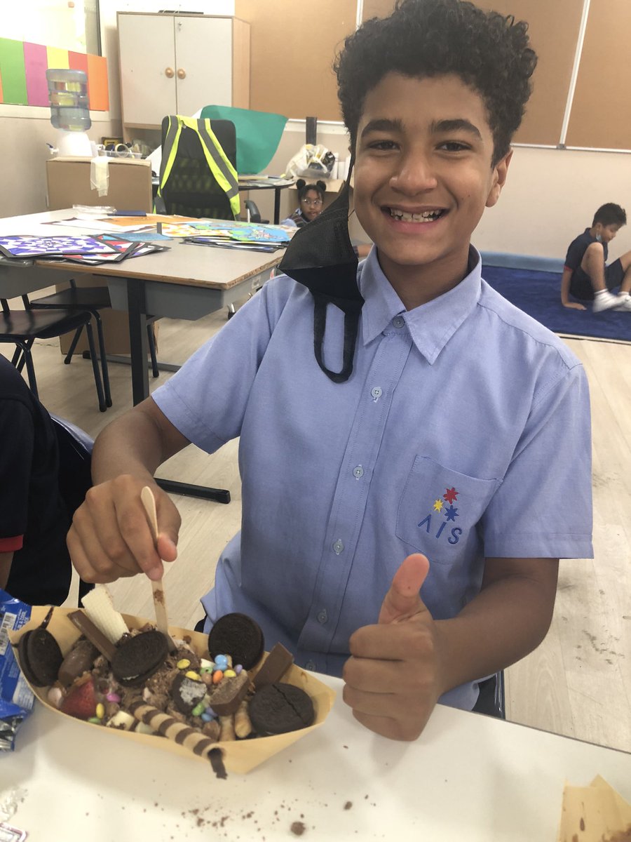 AIS_Grade5's tweet photo. 5A students were rewarded with a well deserved “mystery” prize: ice-cream party!!!! Some of us overdosed on sugary goodness (that’s Omar holding his belly) but we definitely earned this treat. Congrats 5A! #AISGrade5 https://t.co/FiNWWmLFiL