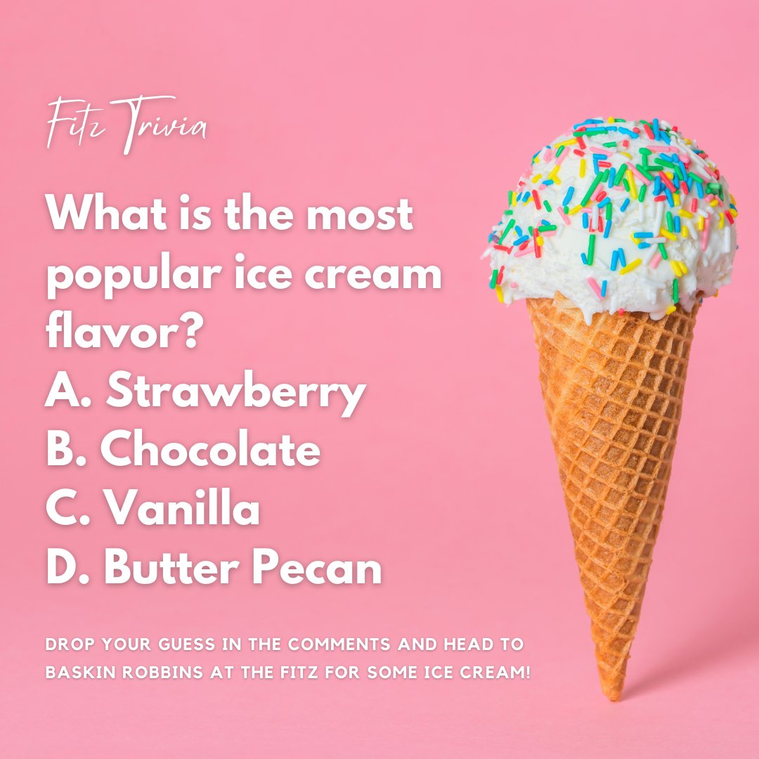 FitzCasinoMS's tweet photo. Mhmmm! Who doesn’t love a good ice cream cone in the summer?! Do you know what the most popular flavor of ice cream is? 

Drop your guess in the comments AND head to Baskin Robbins at the Fitz to grab some ice cream! 🍦🍦🍦

#fitztrivia #summertrivia #luckliveshere https://t.co/Y99KamVrAe