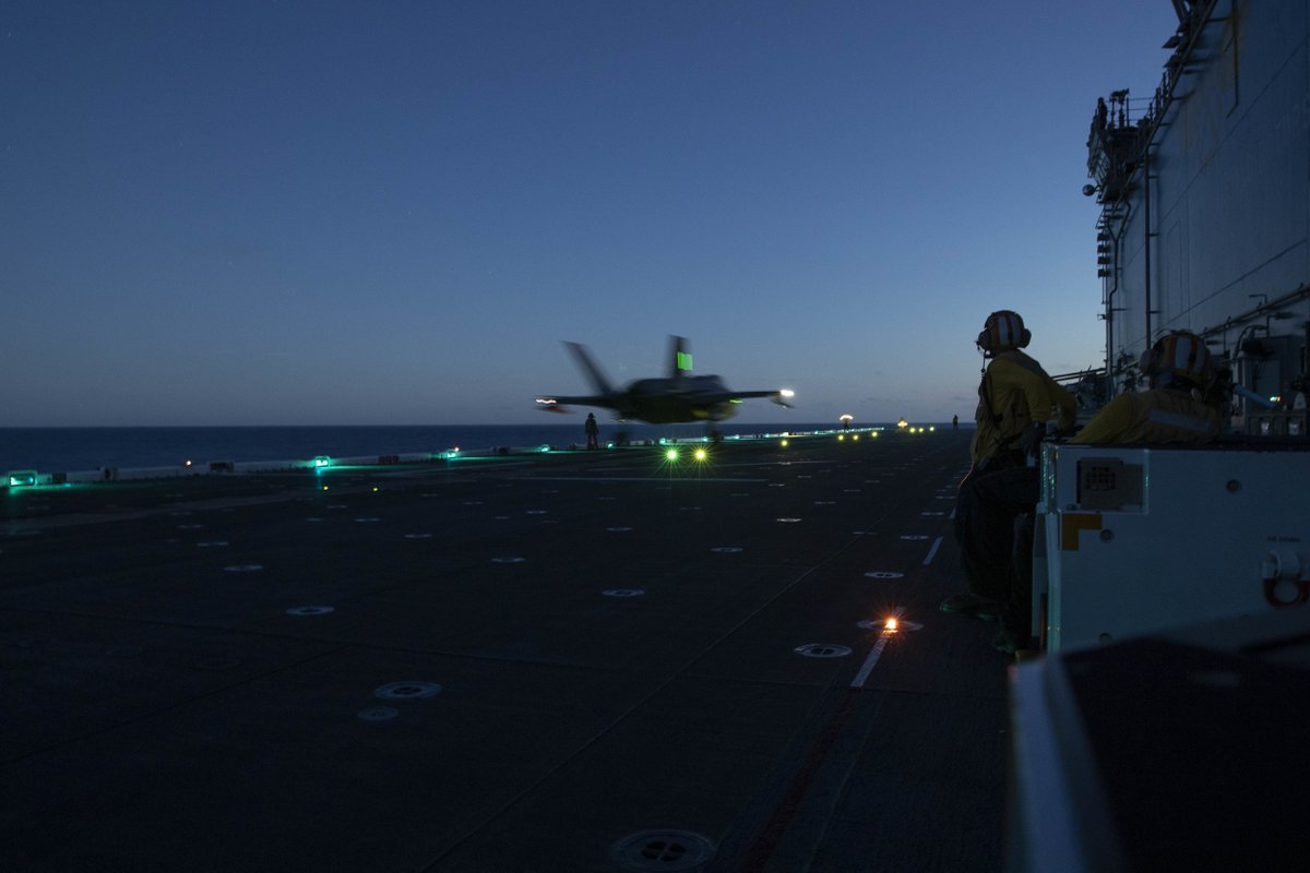 F-35B Lightning II aircraft conduct flight operations on the <a href="/USNavy/">U.S. Navy</a>'s USS Tripoli in the Pacific Ocean, June 24.

The #BlueGreenTeam Tripoli is operating in the <a href="/US7thFleet/">7th Fleet</a> to enhance interoperability with #AlliesAndPartners.

#JointForce