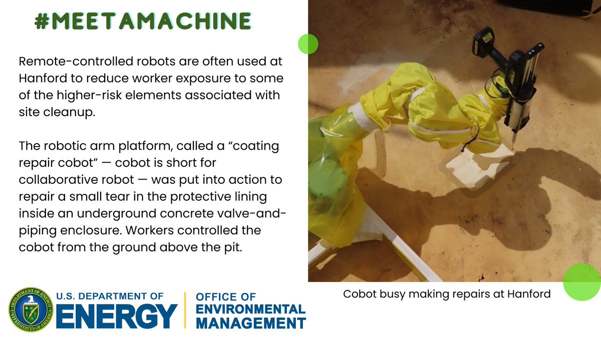 EMcleanup's tweet photo. #MeetAMachine: The @HanfordSite uses remote-controlled robots to reduce risks to workers, but this one is a first-of-its-kind! “Cobot” is busy making repairs to hard-to-reach valves. It’s boosting efficiency and safety for workers. https://t.co/w4c1W0r6hq https://t.co/cmk81U7rPC