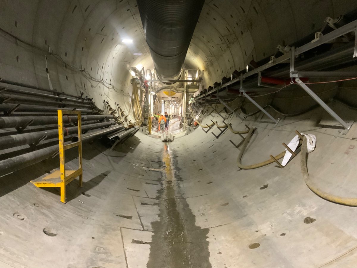 PurpleLineTBMs's tweet photo. This month the project reached a noteworthy milestone. On 6.15,  Iris &amp; Aura, Sec 3 Tunnel Boring Machines (TBM), reached the halfway point for completing tunneling excavation. Both launched from the West LA VA Medical Center campus, and are working E toward Century Century. https://t.co/eWulBFZOiP