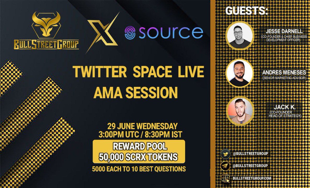 SourceProtocol_'s tweet image. 📣We&apos;re hosting an exclusive AMA with @Bullstreetgroup amazing trading group this week!

🗓️ Wednesday 6/29 at 8:30pm IST / 11am EST

🌟Top 10 best questions will be selected &amp;amp; will be awarded 5000 $SRCX each!

👇Drop your questions in the comment section below

#SourceToken #SRCX