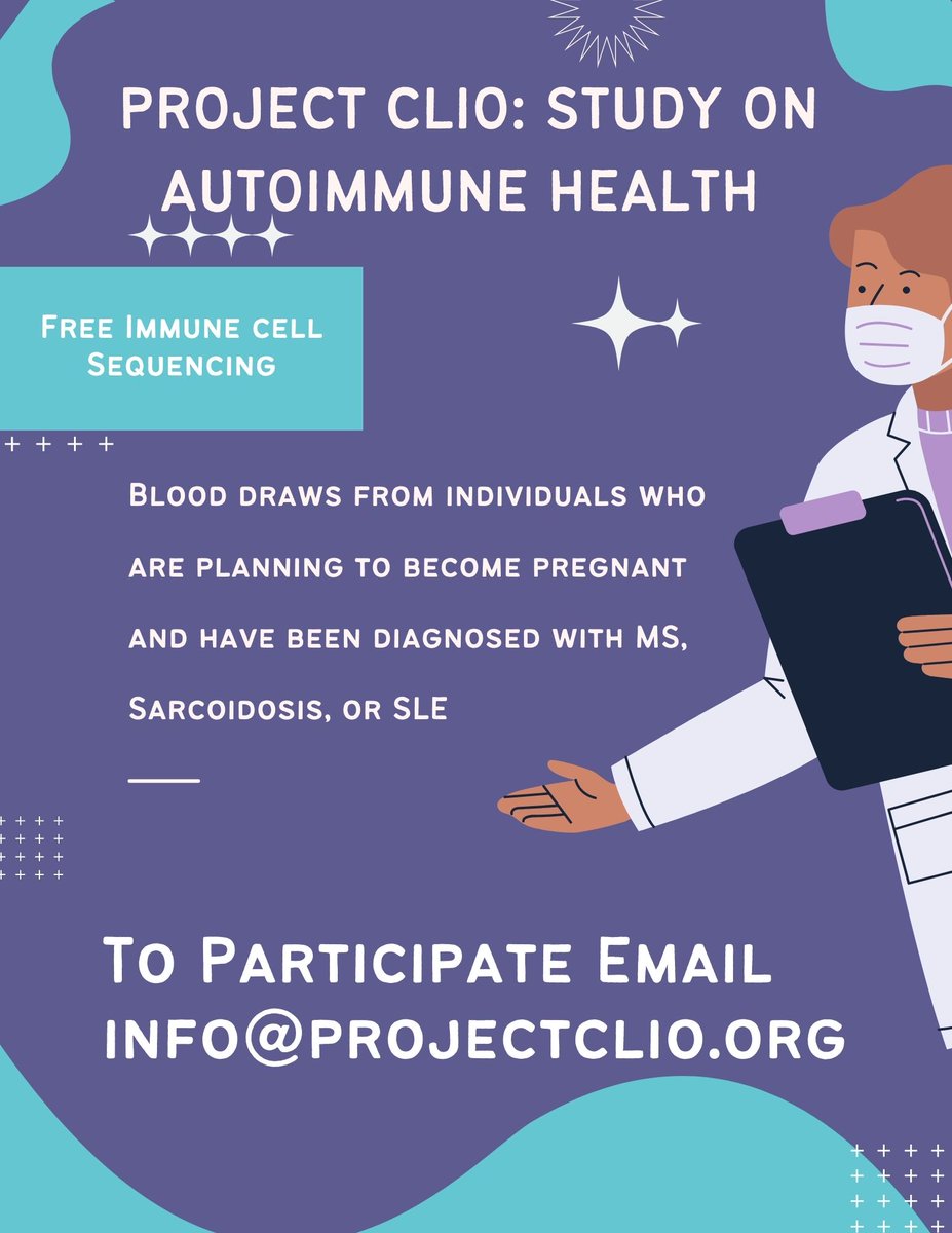 _projectclio_'s tweet photo. Project Clio is looking for participants to join our study, email us or visit this link to sign up today! https://t.co/vFJXaRUuKn
#WomensHealth #MS #Lupus #ProjectClio https://t.co/vBNqIx0mkU