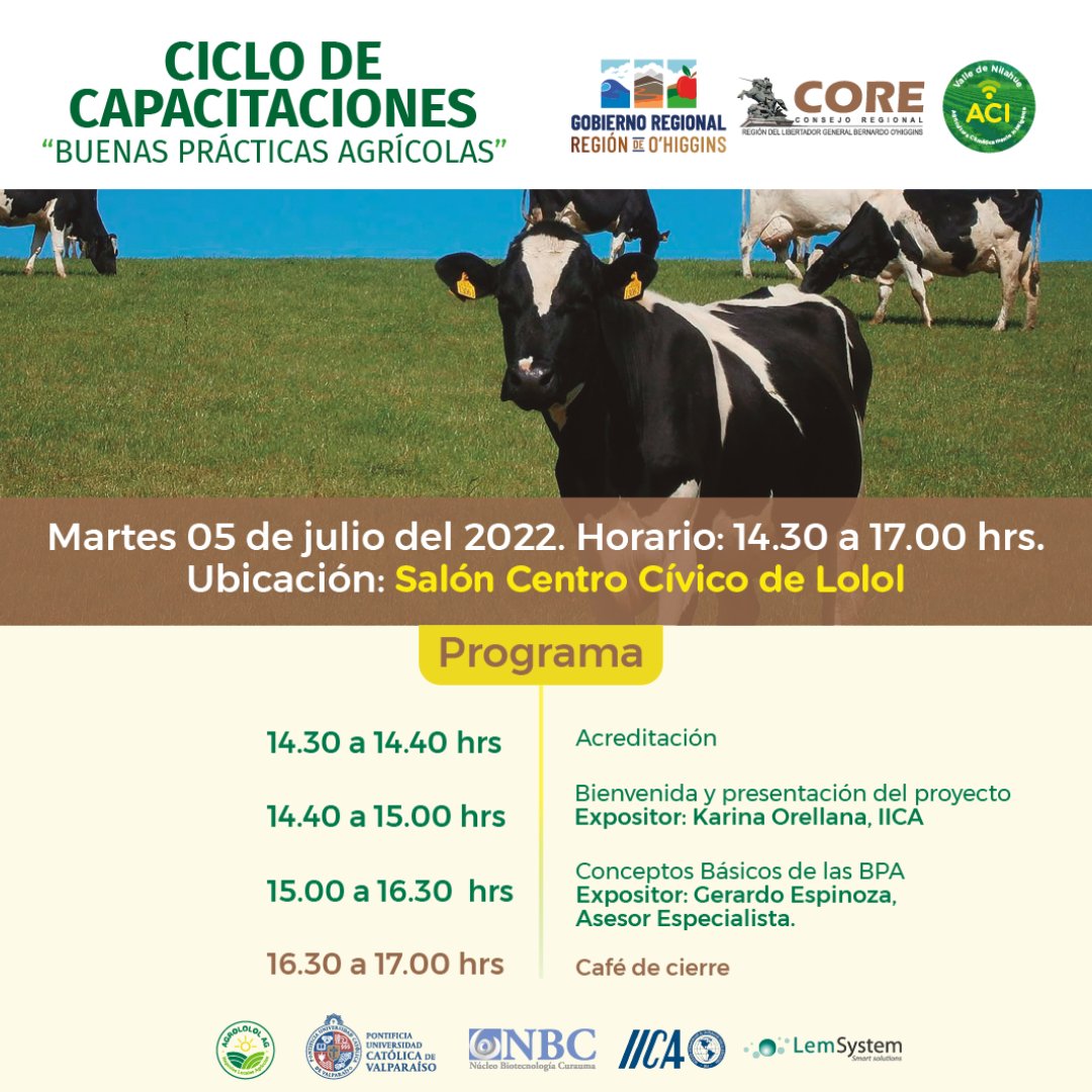 El 26/06 y 05/07 de 14.30 hs a 17.00 hs abordaremos sobre Buenas Prácticas Agrícolas y Certificaciones. Esta iniciativa es financiada con aportes de Innovación de la Competitividad de Gobierno Regional de la Región del Libertador Bernardo O´Higgins año 2020.