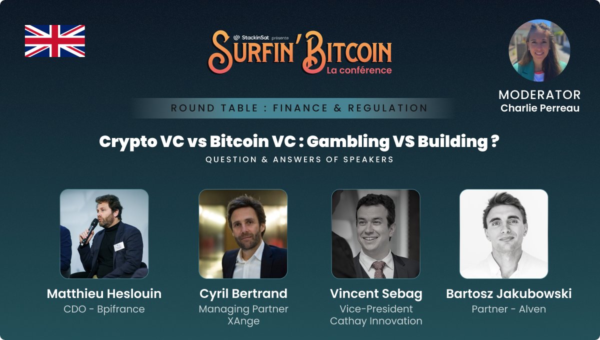 [PROGRAM] Expert Room 
Friday August 26 / 10:20 a.m - 11:10 a.m

Speakers:
<a href="/MatthieuHes/">Matthieu Heslouin</a> 
<a href="/cyrilb88/">Bertrand Cyril</a> 
<a href="/vincentsebag/">Vincent Sebag</a> 
<a href="/bartjjj/">Bartosz Jakubowski ⟠</a> 
Moderator:
<a href="/CharliePERREAU/">Charlie Perreau</a>

#Bitcoin #SurfinBitcoin22