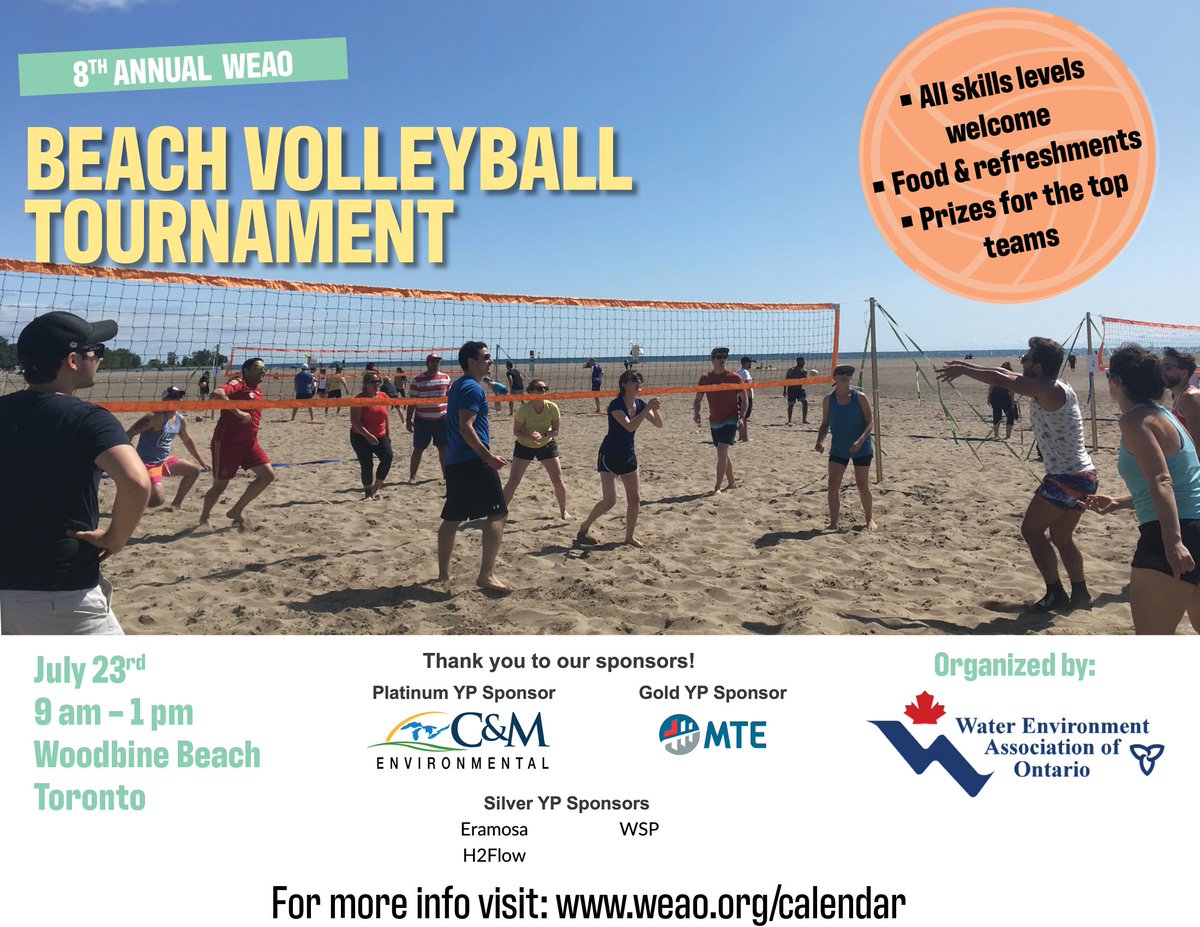 Less than a month until the <a href="/WEAOntario/">WEAO</a> Beach Volleyball Tournament hits Woodbine Beach!

This unique water industry networking and social event is now in its 8th year. Register now to enter your team, or yourself, for a day of fun in the sun: xcdsystem.com/weao/attendee/…