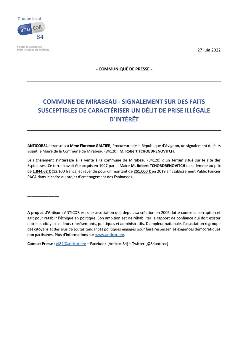 84Anticor's tweet photo. COMMUNE DE MIRABEAU - SIGNALEMENT SUR DES FAITS SUSCEPTIBLES DE CARACTÉRISER UN DÉLIT DE PRISE ILLÉGALE D’INTÉRÊT https://t.co/jUK3Y9nYw9
