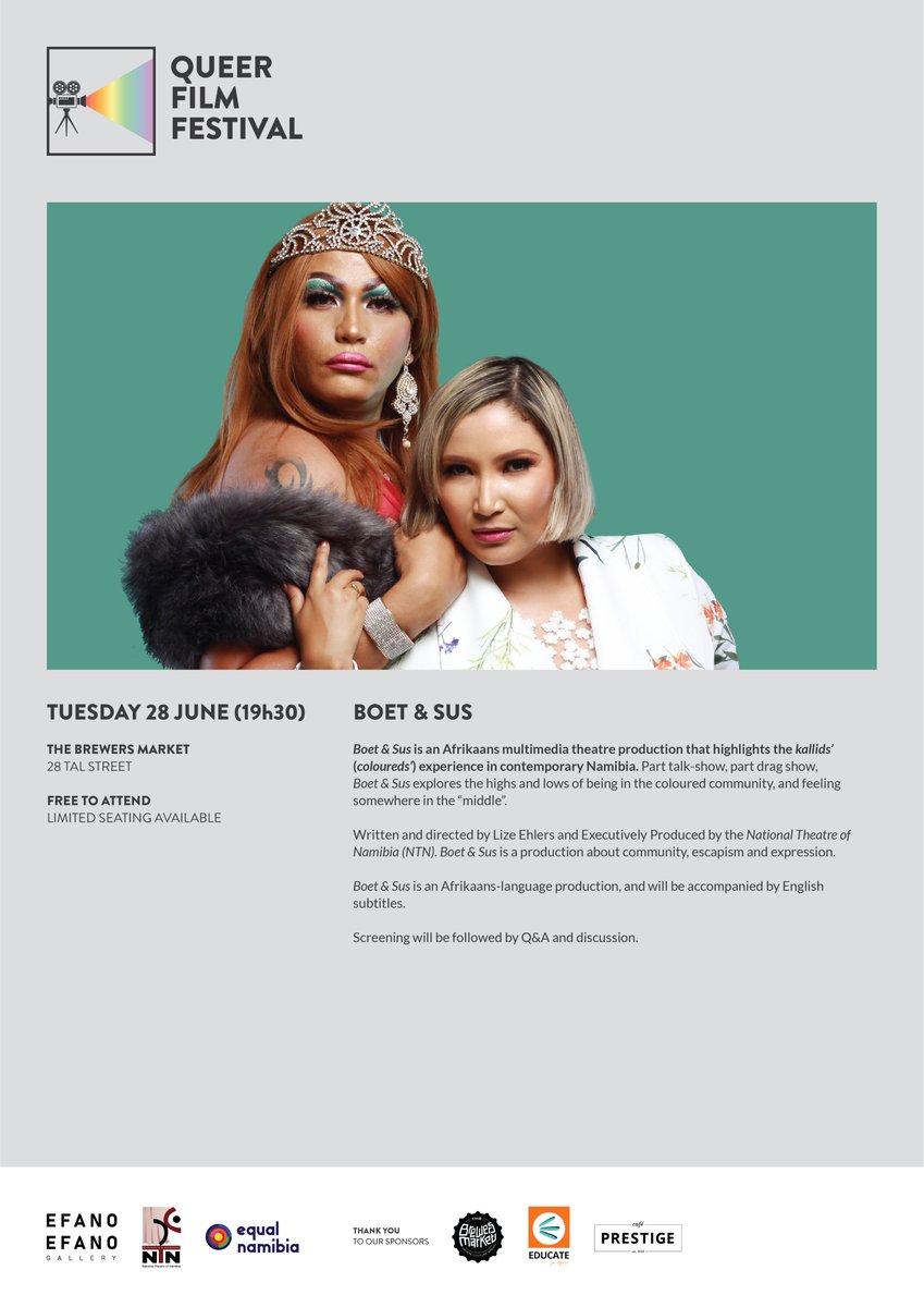 namprideweek's tweet photo. QUEER FILM FESTIVAL 🎥🌈

🎥 Boet &amp; Sus
📍 @MarketBrewers
📅Tuesday 28 June 2022
⏰ 19h30
🎟 FREE ENTRY

Screening will be followed by Q&amp;A and discussion.

#NamibiaPrideWeek #International #PrideMonth #Queer #FilmFestival #LGBTQIA #Community #Events #Windhoek #Namibia https://t.co/1FWyfV19NT