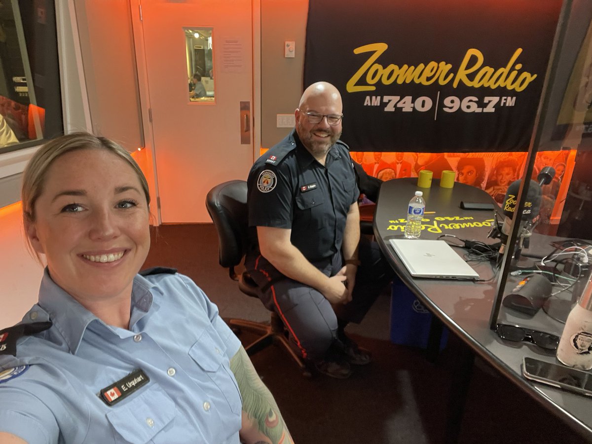 TPS_BikeHart's tweet photo. Me & @VoiceoverCop are live in studio at @zoomerradio to do a segment on the #KeepTorontoMoving campaign and rush hour route enforcement returning. Tune in at 12:30pm to hear us chat about it @TrafficServices @TPScott_baptist @ParkingTPS https://t.co/0qdJL7LFQN
