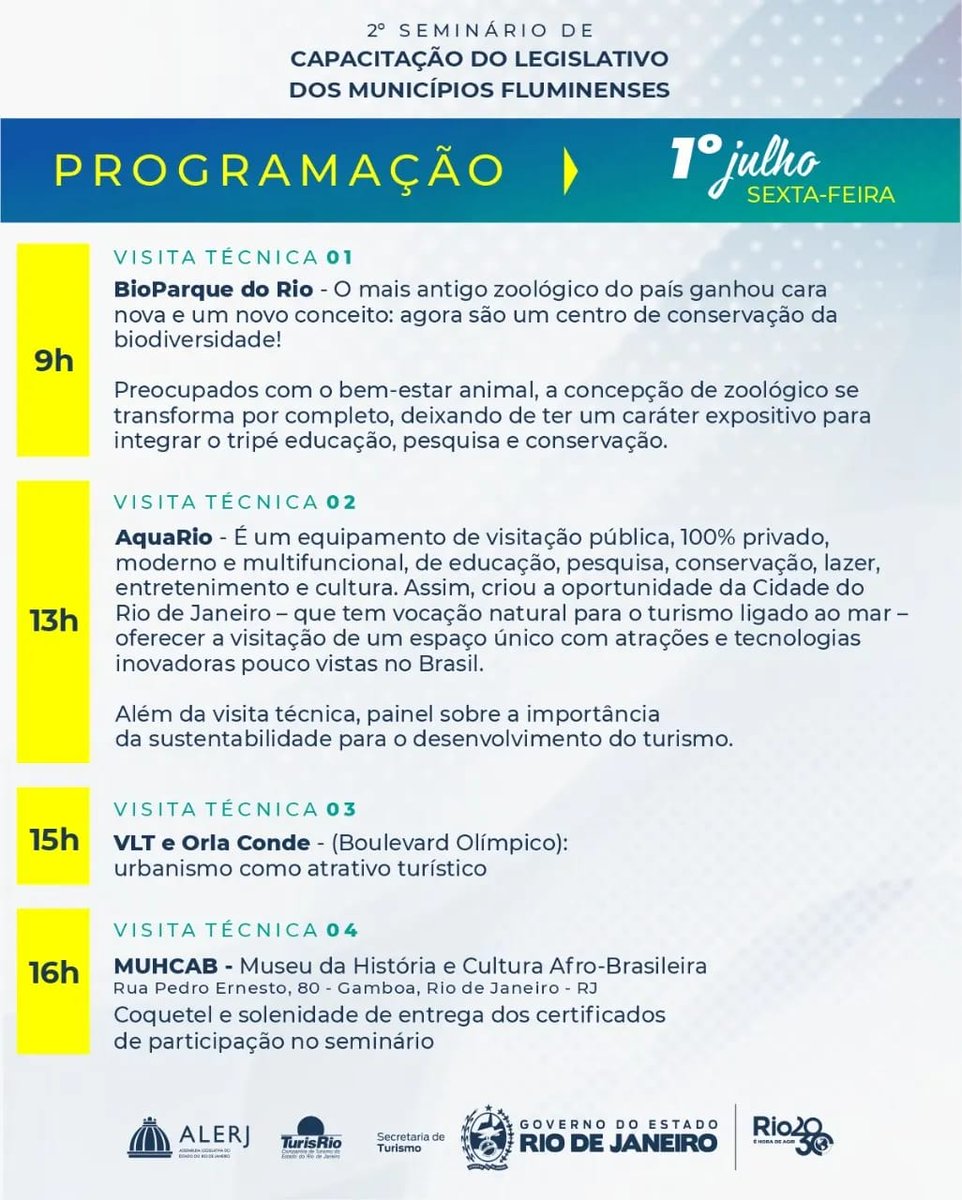 TurismoRJ's tweet photo. A Secretaria de Estado de Turismo e a TurisRio realizam, nos dias 30/06 e 1º/07, o 2º Seminário de Capacitação em Turismo para Legislativo Municipal.
O evento é dirigido aos vereadores membros das Comissões de Turismo das Câmaras Municipais do Estado.
#turismorj #seturj https://t.co/VGwiwAyMeV