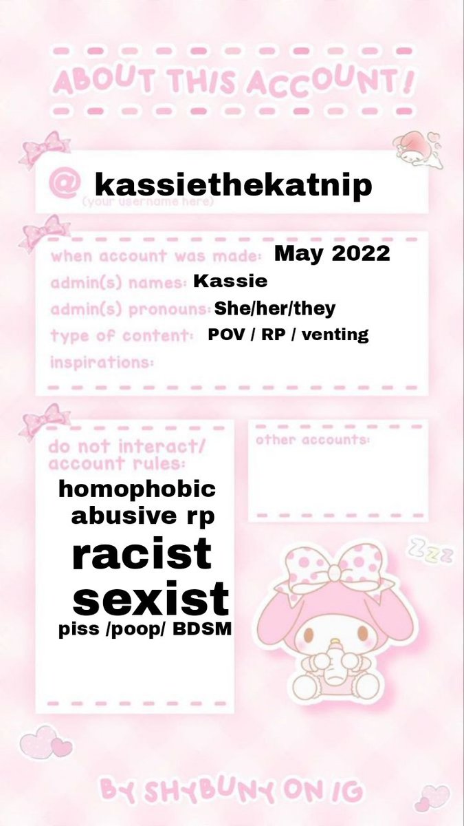 Kassiethekatnip's tweet image. My other DNI are 
1.nudes ( due to trauma)
2.zoophiles ( idc rp or not)
3. Rape / rapist rp ( due to trauma )
4. Venting on my vent ( don&apos;t do that it&apos;s rude  unless I say it&apos;s ok )
5. Bullying
6. Slurs 
7. Attacking my lovers ( I will find out that you did something to them)