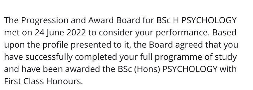 my results came through for my degree and i’m graduating with first class honours in psychology 😭🫶🏻