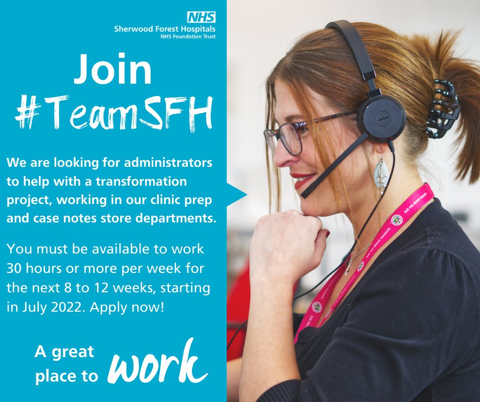 SFHFT's tweet photo. We're looking for administrators to work in #TeamSFH. 
You must be available to work 30 hours+ a week for the next 8 to 12 weeks, starting in July 2022. £18,546-£19,918 pro rata per annum. Apply now! Visit https://t.co/6uLVSvARbM #jobs #NottsJobs #NHSJobs https://t.co/yX8zHjIjES