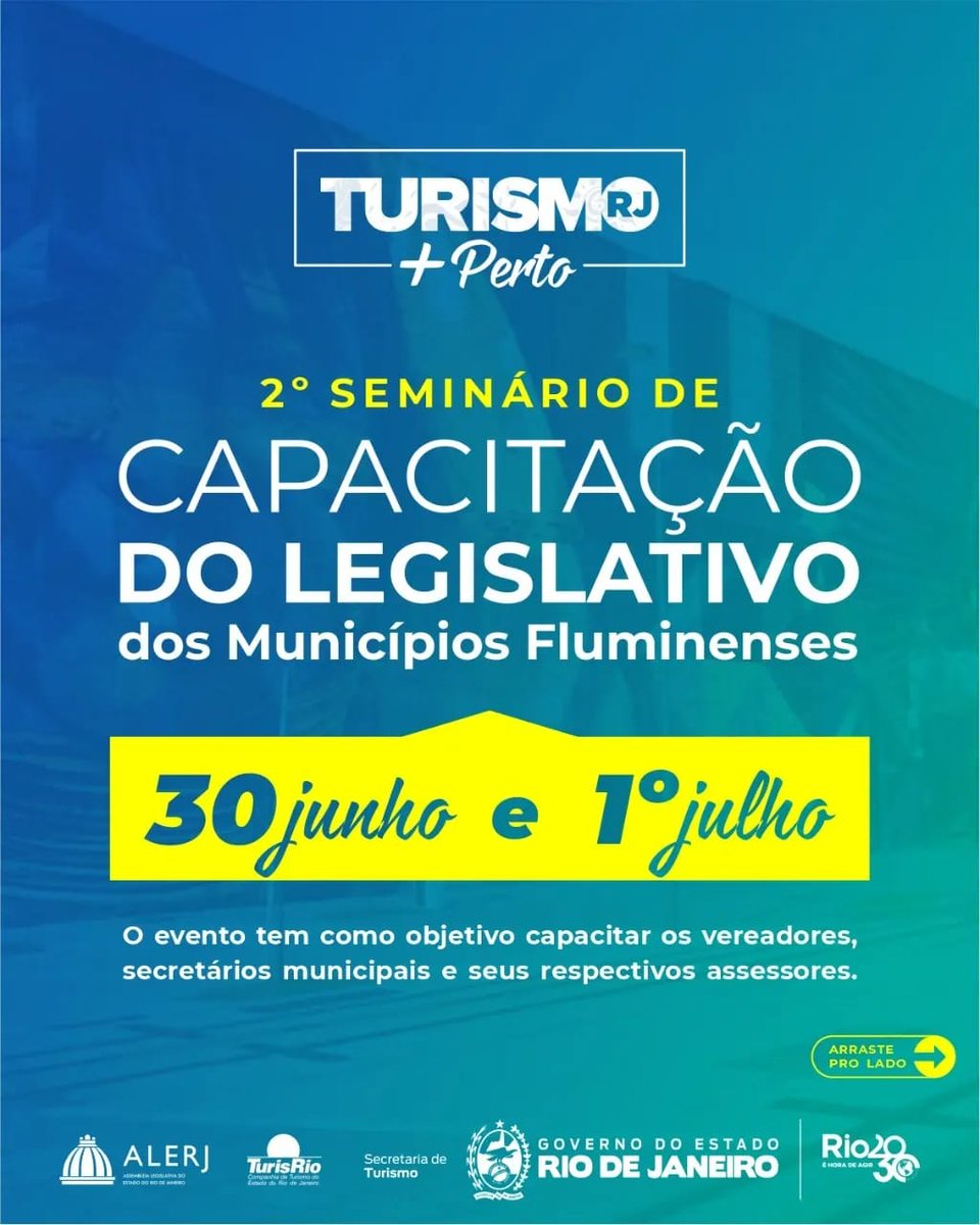 TurismoRJ's tweet photo. A Secretaria de Estado de Turismo e a TurisRio realizam, nos dias 30/06 e 1º/07, o 2º Seminário de Capacitação em Turismo para Legislativo Municipal.
O evento é dirigido aos vereadores membros das Comissões de Turismo das Câmaras Municipais do Estado.
#turismorj #seturj https://t.co/VGwiwAyMeV