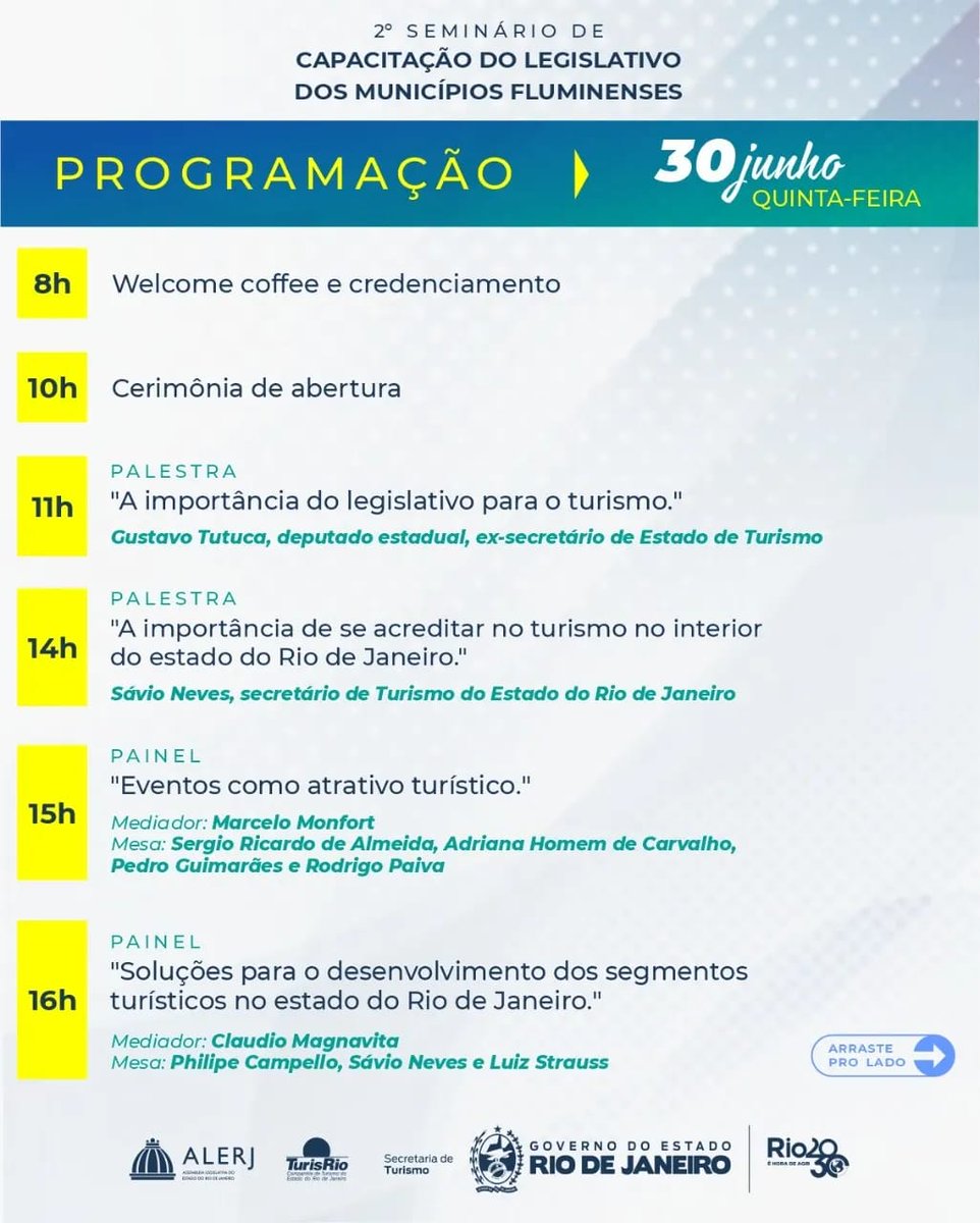 TurismoRJ's tweet photo. A Secretaria de Estado de Turismo e a TurisRio realizam, nos dias 30/06 e 1º/07, o 2º Seminário de Capacitação em Turismo para Legislativo Municipal.
O evento é dirigido aos vereadores membros das Comissões de Turismo das Câmaras Municipais do Estado.
#turismorj #seturj https://t.co/VGwiwAyMeV