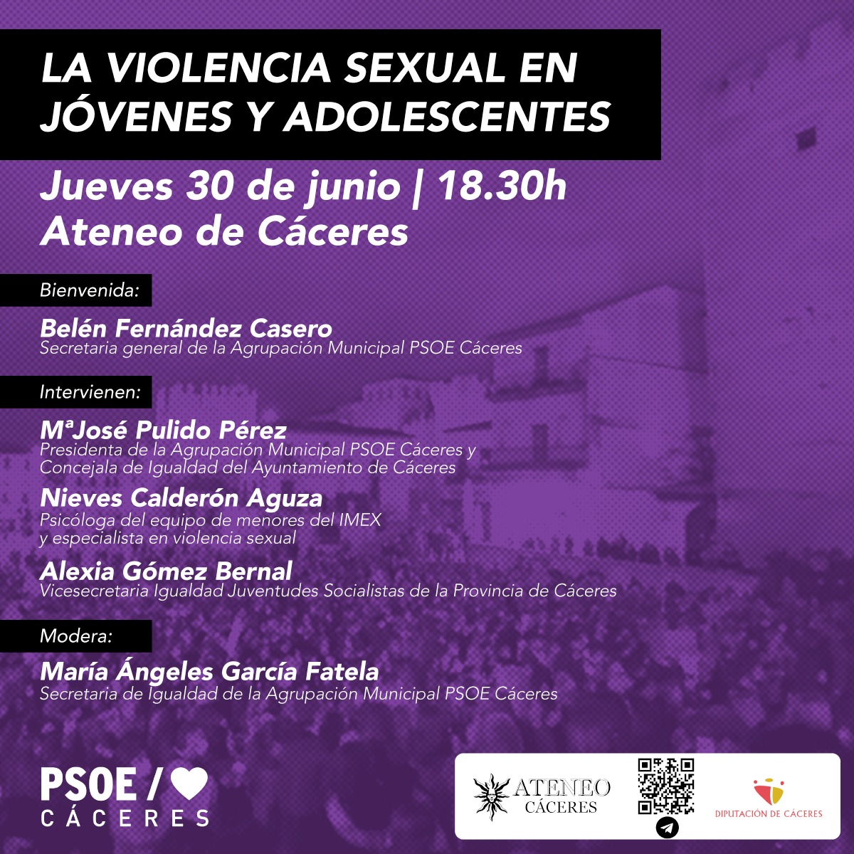 JSECC's tweet image. No os podéis perder este 30 de junio, &quot;La violencia sexual en jóvenes y adolescentes&quot;🟣
Con:

📌 María Ángeles García Fatela.
📌 María José Pulido Pérez.
📌 Nieves Calderón Aguza.
📌 Alexia Gómez Bernal.
📌 Belén Fernández Casero.

¡¡En el Ateneo de Cáceres, a las 18:30!!