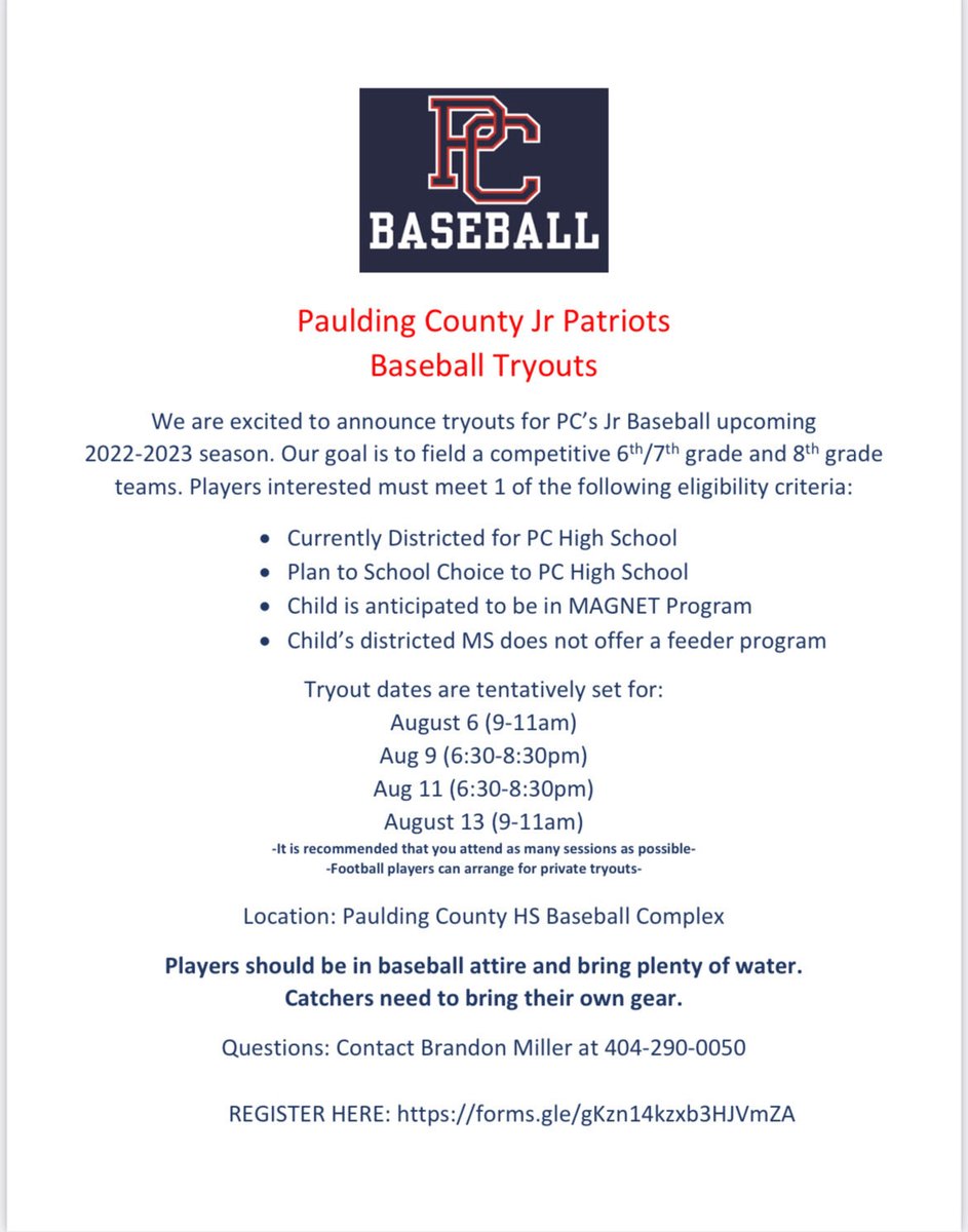 PCHSPatriots's tweet photo. Feeder Tryouts information.  ⁦@pauldingboe⁩ ⁦@PauldingNews⁩ ⁦@PCPatriotsports⁩ ⁦@Paulding_Sports⁩ https://t.co/ys2QEHOaHy