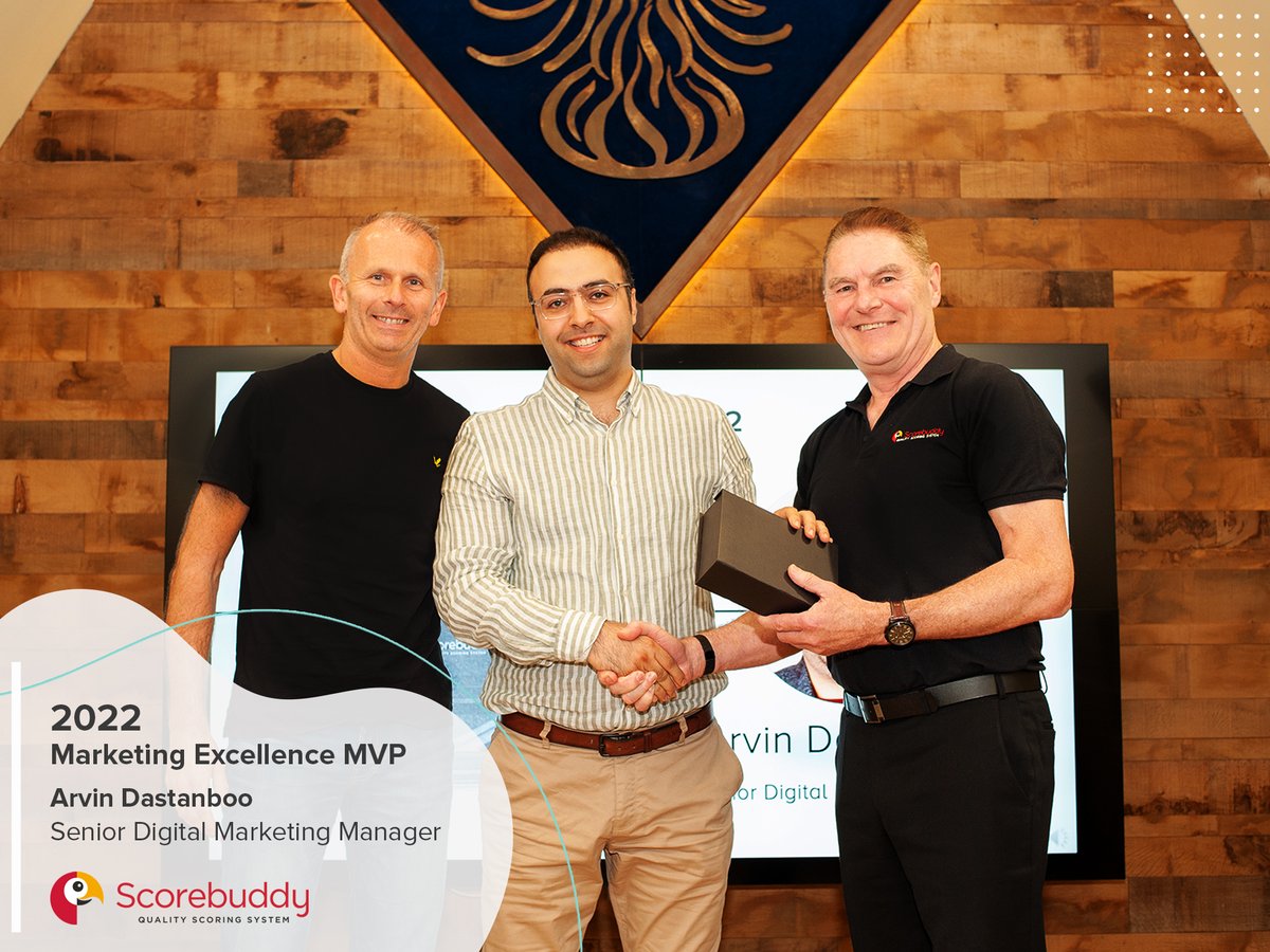 ScorebuddyCX's tweet photo. A round of applause for Arvin Dastanboo, who received the award for Marketing Excellence MVP 2022 at our Scorebuddy team gathering. Arvin was named one of the standout performers of the past year. Congratulations, Arvin! 🙌 https://t.co/6DRTe8Meti