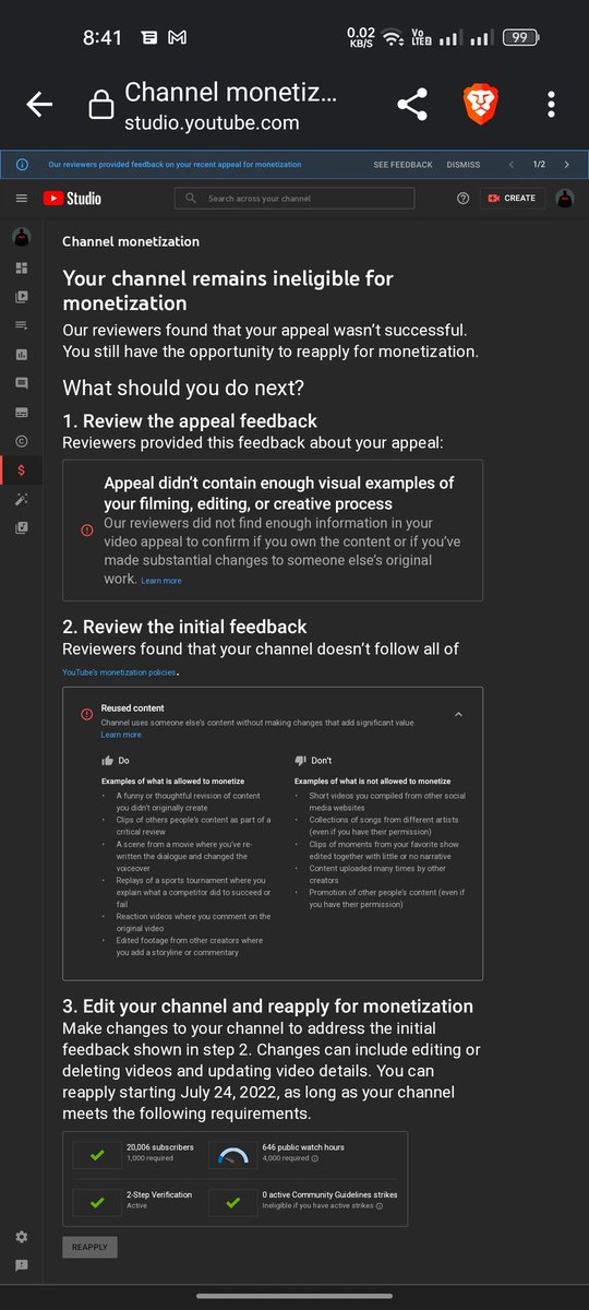 ExaltedCarnage's tweet photo. @TeamYouTube okay, what i applied for monetization and it said i have re-used content then i tried to appeal and didn't show enough of my video footage and got declined fine, next time it is. But what happened to my whole channel watchtime??? Please fix this that's not fair... https://t.co/pPZ5Hinzqg
