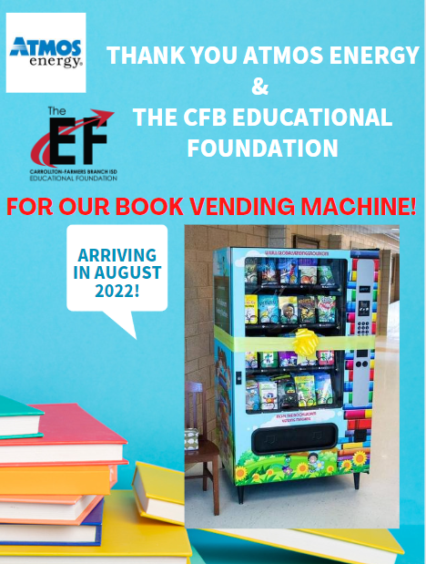 We are SO EXCITED to announce that Atmosenergy &amp; CFB ISD Educational Foundation are gifting Carrollton Elementary a BOOK VENDING MACHINE! This is going to be a fantastic way to truly spark our students’ LOVE OF READING! @EdFoundationCFB @DrChapmanCFBISD  #atmosenergy #cfbproud